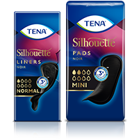 Produktabbildungen von TENA Silhouette Noir Slipeinlagen und Einlagen